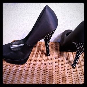 Dollhouse Satin Rhinestone Embellished Pumps
